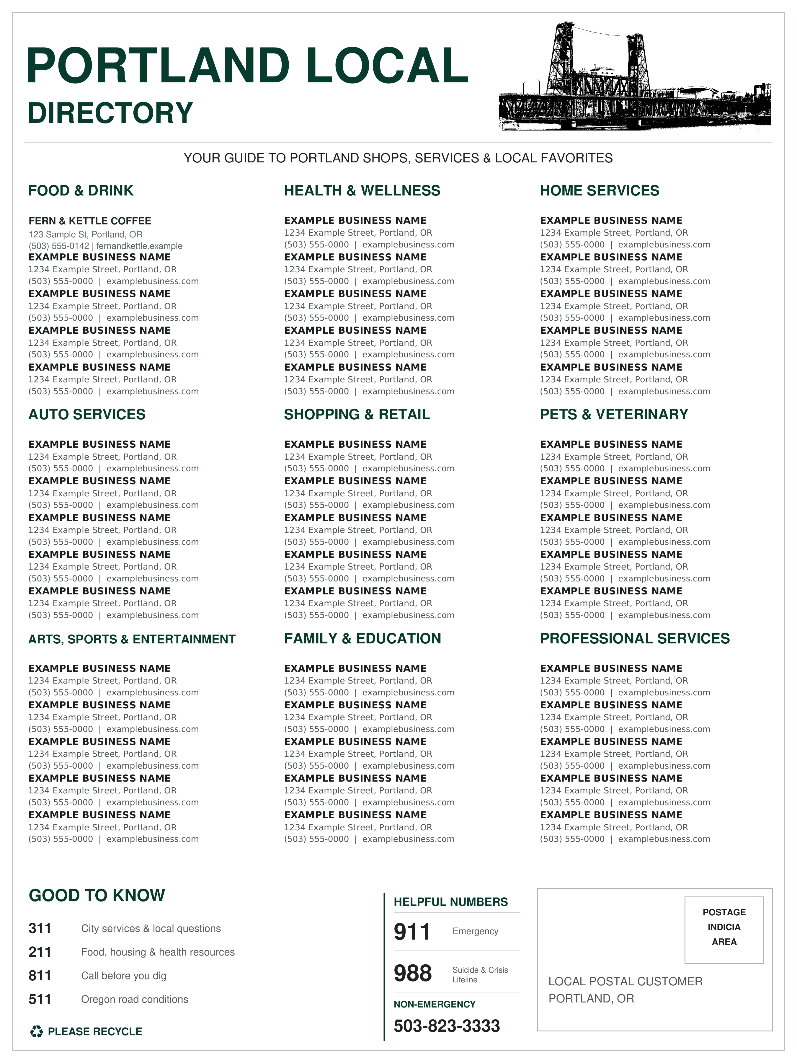 Full sample of the back side showing directory listings, Portland non-emergency at 503-823-3333, and a recycling mark at bottom left